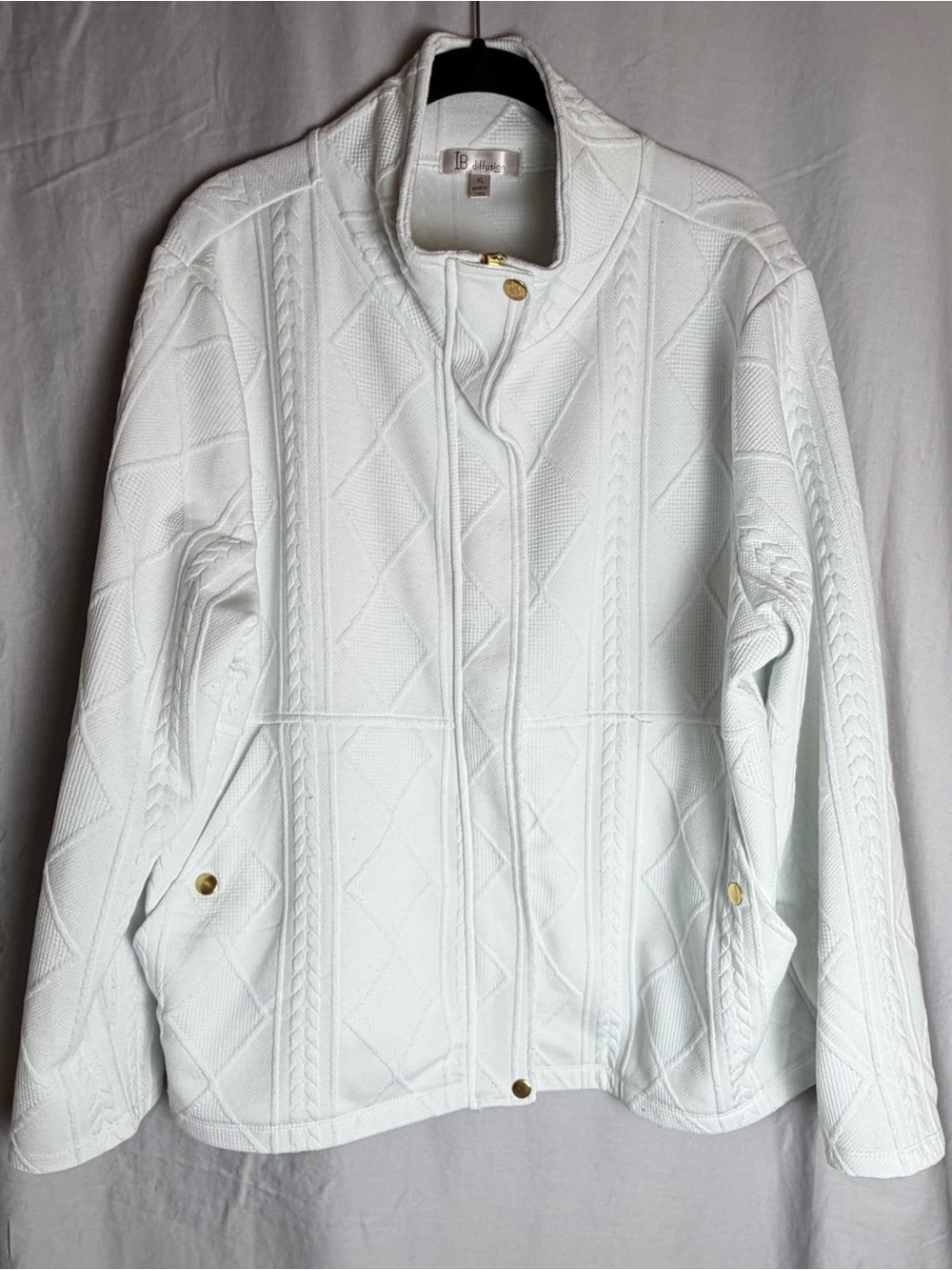 Women’s XL White Textured Knit Jacket Gold Zip Snap Funnel Neck